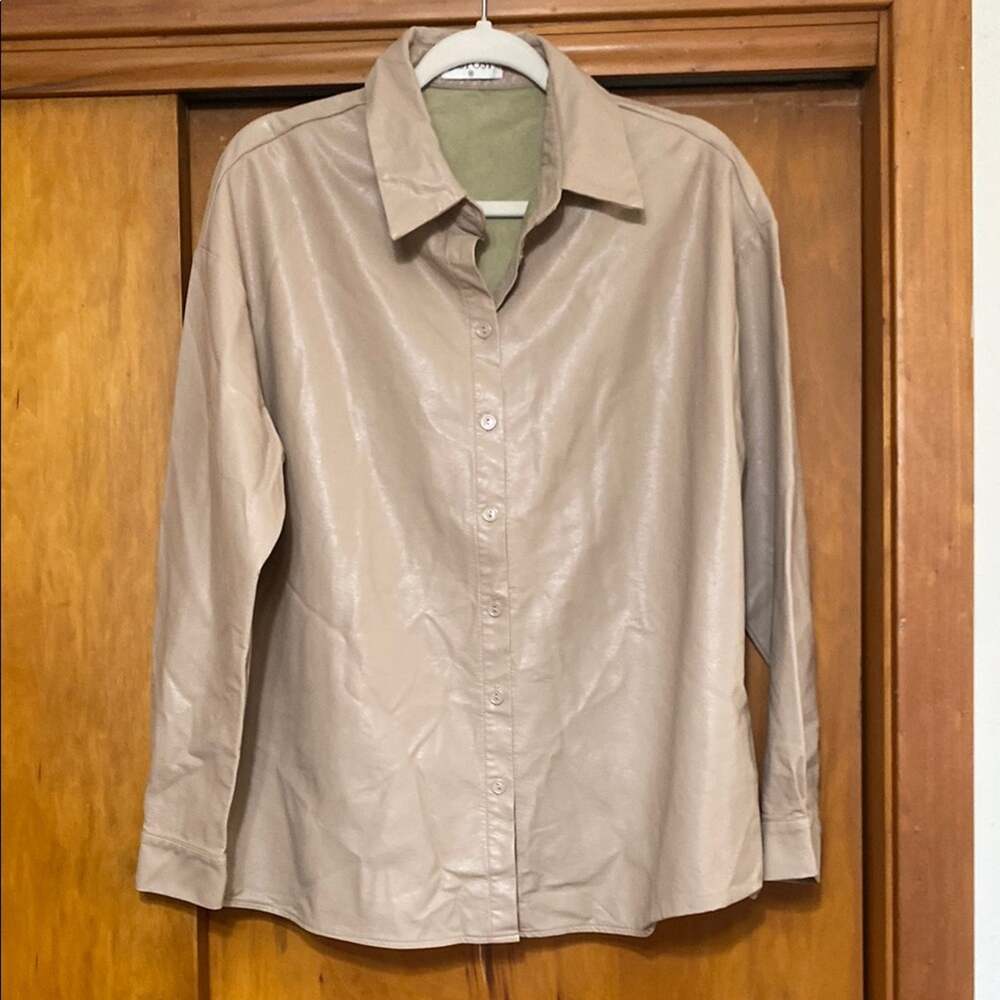 Pink Tan Faux Leather Shacket Jacket Classic Collar Relaxed Fit Layers Neutral